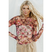 Red Floral Print Sheer Mesh Long Sleeve Top - L thumbnail