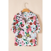 Pink Floral Print Slit V Neck Short Sleeve Blouse - XL thumbnail