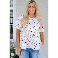 White Colorful Polka Dot Short Sleeve Tiered Ruffled Babydoll Blouse - L thumbnail