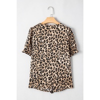 Khaki Leopard Ruffled Neck Cascading Puff Short Sleeve Top - L thumbnail