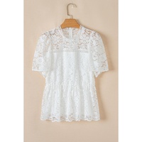 White Short Sleeve Scalloped Floral Lace Peplum Blouse - L thumbnail