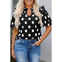 Black Polka Dot Print Shirred Yoke Notched Neck Balloon Sleeve Blouse - L thumbnail