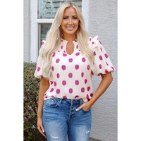 Rose Polka Dot Print Shirred Yoke Notched Neck Balloon Sleeve Blouse - L thumbnail