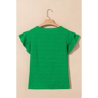 Dark Green Textured Ruffled Sleeve Round Neck Top - L thumbnail