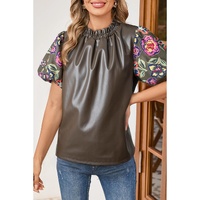Four Leaf Clover Floral Bubble Sleeve Patchwork Leatherette Frilled Round Neck Blouse - L thumbnail
