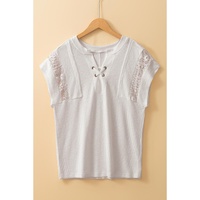 White Ribbed Texture Lace Patchwork Short Sleeve Top - S thumbnail