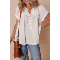 White Textured Short Sleeve Buttons Frayed Blouse - XL thumbnail