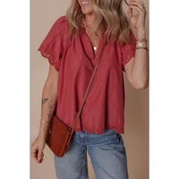 Red Dahlia Floral Embroidered Scallop Trim Short Sleeve V Neck Blouse - L thumbnail