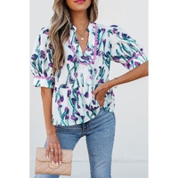 Purple Floral Ricrac Trim Half Sleeve Peplum Top - L thumbnail