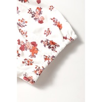 White Boho Floral Ruched Cinched Short Sleeve Blouse - L thumbnail
