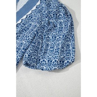 Blue Floral Striped Print Contrast Ric-rac Puff Sleeve Top - L thumbnail