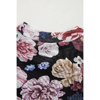 Pink Mesh Floral Print Mock Neck Long Sleeve Slim Top - L thumbnail