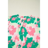 Green Abstract Print Frilly Neck Ruched Short Sleeve Blouse - M thumbnail