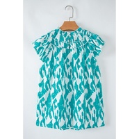 Sky Blue Abstract Print Frilled Crewneck Loose Fit Blouse - L thumbnail