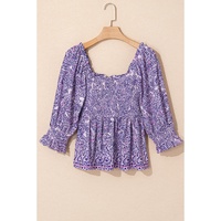 Purple Boho Paisley Print Half Sleeve Shirred Peplum Blouse - L thumbnail