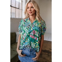Green Brushwork Geometric Print Puff Sleeve Notched Neck Blouse - L thumbnail