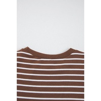 Coffee Striped Long Sleeve Round Neck Loose Top - L thumbnail
