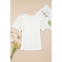 White Eyelet Pattern Short Sleeve Patchwork Ribbed Top - L thumbnail