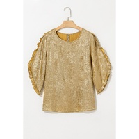 Gold Metallic Luster Frilled Half Sleeve Blouse - S thumbnail