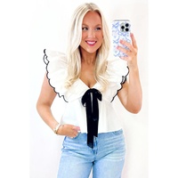 White Contrast Bow Ruffle Trim V Neck Blouse - L thumbnail