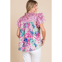 Pink Floral Mixed Print Ruffle Cap Sleeve Blouse - L thumbnail