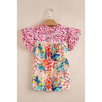 Red Floral Mixed Print Ruffle Cap Sleeve Blouse - M thumbnail
