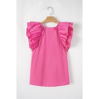 Sachet Pink Shirred Yoke Lace up V Neck Ruffled Sleeve Blouse - L thumbnail
