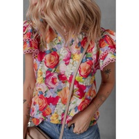 Multicolour Lace Trim Ruffle Short Sleeve Floral Blouse - XL thumbnail