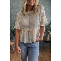 Beige Solid Color Textured Ruffled Short Sleeve Blouse - M thumbnail