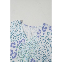 Sky Blue Mixed Leopard Print V Neck Short Sleeve Blouse - L thumbnail