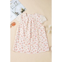 Pink Floral Print Embroidery Detail Crochet Cap Sleeve Blouse - L thumbnail