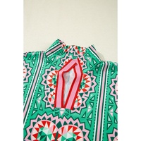 Sea Green Boho Abstract Print Contrast Striped Collared V Neck Blouse - L thumbnail