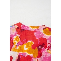 Red Abstract Print Split V Neck Ruffle Short Sleeve Blouse - L thumbnail