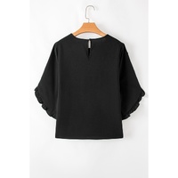 Black Ruffle Trimmed 3/4 Sleeve Round Neck Blouse - M thumbnail