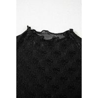 Black Bowknot Sheer Mesh Mock Neck Lettuce Trim Short Sleeve Top - L thumbnail