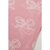 Pink Round Neck Bow Print Long Sleeve Mesh Top - L thumbnail