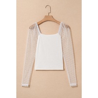White Swiss Dot Mesh Long Sleeve Square Neck Slim Top - L thumbnail