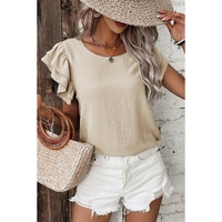Beige Solid Color Ruffled Short Sleeve Casual Blouse - L thumbnail
