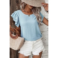 Mist Blue Solid Color Ruffled Short Sleeve Casual Blouse - L thumbnail