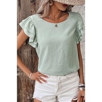 Clearly Aqua Solid Color Ruffled Short Sleeve Casual Blouse - L thumbnail