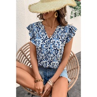 Sky Blue Boho Abstract Print Pintuck Detail Ruffled Top - L thumbnail