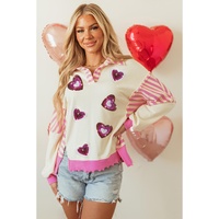 Pink Stripe Patchwork Sequin Heart Pattern Long Sleeve Collared Split Top - L thumbnail
