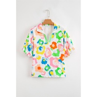 Green Chic Leopard Print Striped Detail Split Neck Blouse - L thumbnail