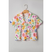 Yellow Floral Boxy Fit Ruffled Short Sleeve V Neck Blouse - L thumbnail