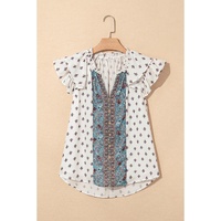 White Boho Pattern Tiered Ruffled Sleeve V Neck Buttoned Blouse - S thumbnail