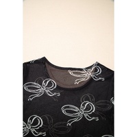 Black Bow Printed Mesh Short Sleeve Top - L thumbnail