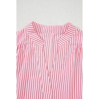 Pink Stripe Notched Neck Frilled Short Puff Sleeve Blouse - L thumbnail