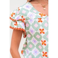 Green Geometric Floral Print Layered Flutter Sleeve V Neck Ric Rac Trim Blouse - M thumbnail
