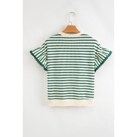 Green Stripe Scallop Lace Trim Ruffle Short Sleeves Crewneck Top - L thumbnail
