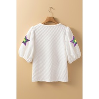 White Textured Sequin Mardi Gras Star Graphic Puff Sleeve Blouse - M thumbnail